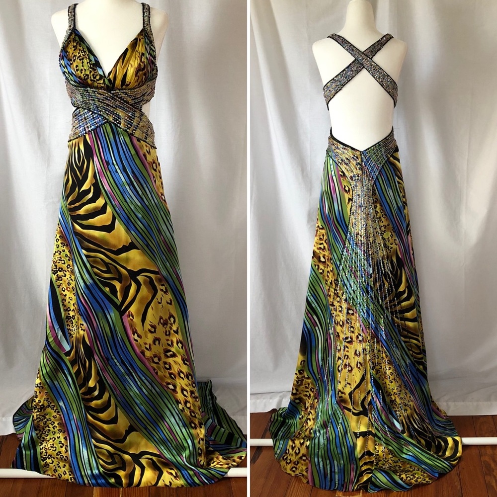 La Femme Silk Animal Print Beaded Sequin Gown